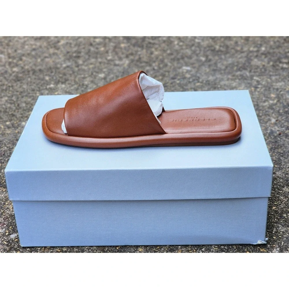 CLERGERIE PARIS‎ Ezy Cognac Leather Flat Slide Sandals Square Toe Size 37 NEW